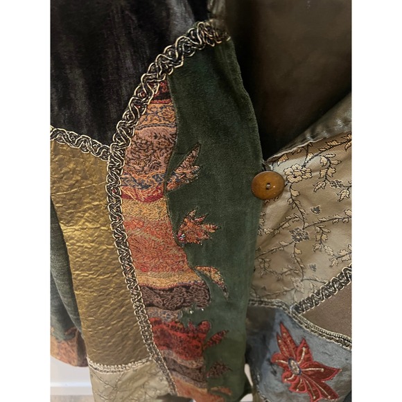 Flashback Vintage Patchwork Velvet  Brocade Artsy  Embroidered Jacket Green L - Picture 3 of 7